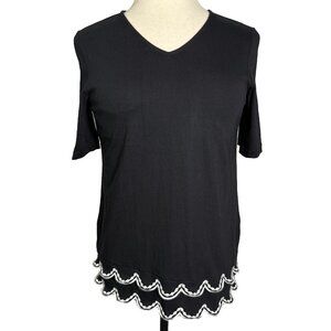 Chico's Short Sleeve Ruffle Top, V Neck Sz 1 Black & White Scallops, 100% Cotton